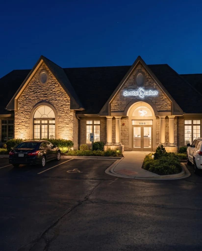 Dental Salon Schaumburg at night: stone building on West Golf Road with the illuminated Dental Salon sign above the main entrance, minutes from Hoffman Estates and Palatine.